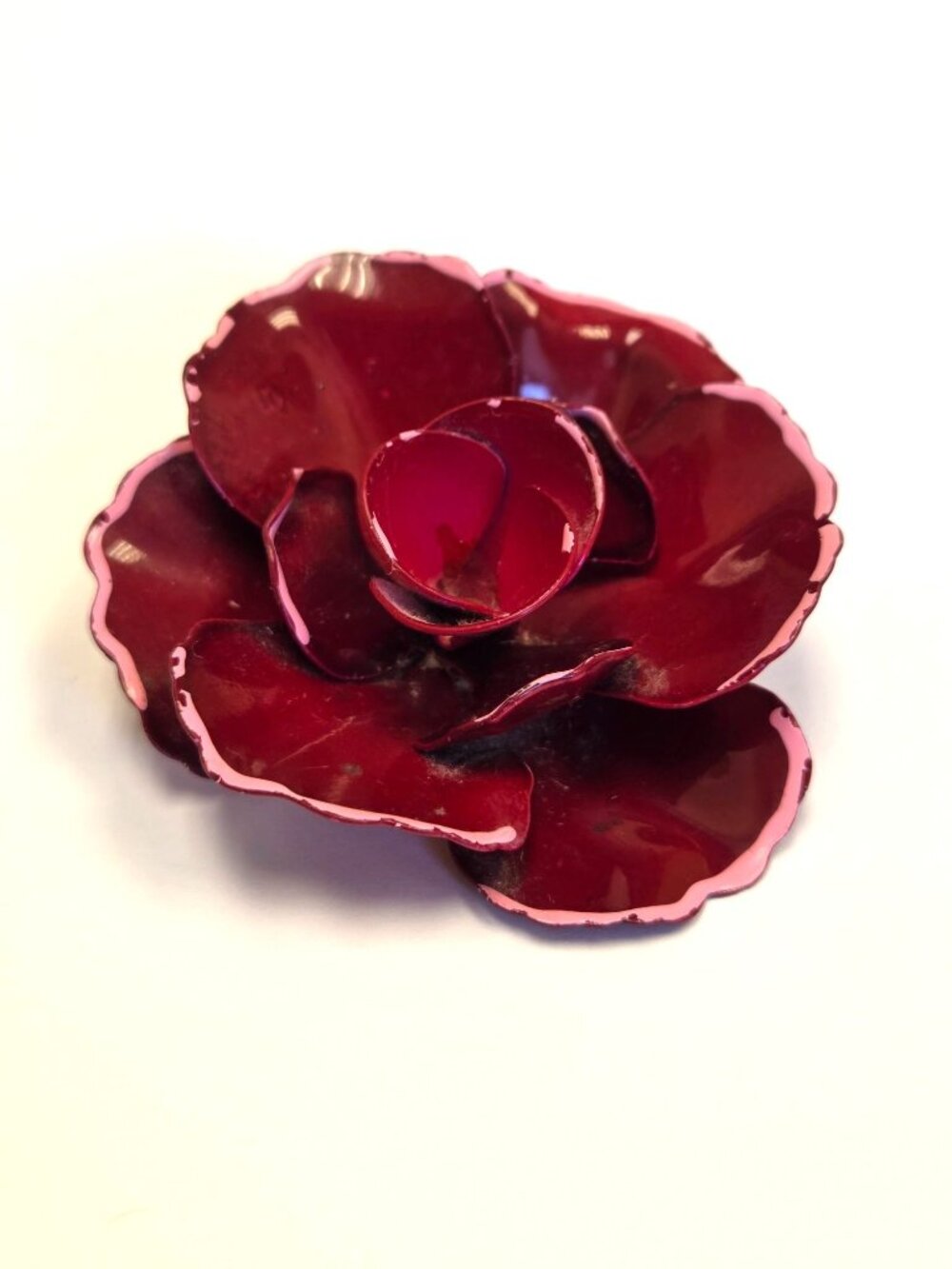 Vintage Red Enamel Rose Flower Brooch  With Pink Edges & Gold-Toned Backing RARE